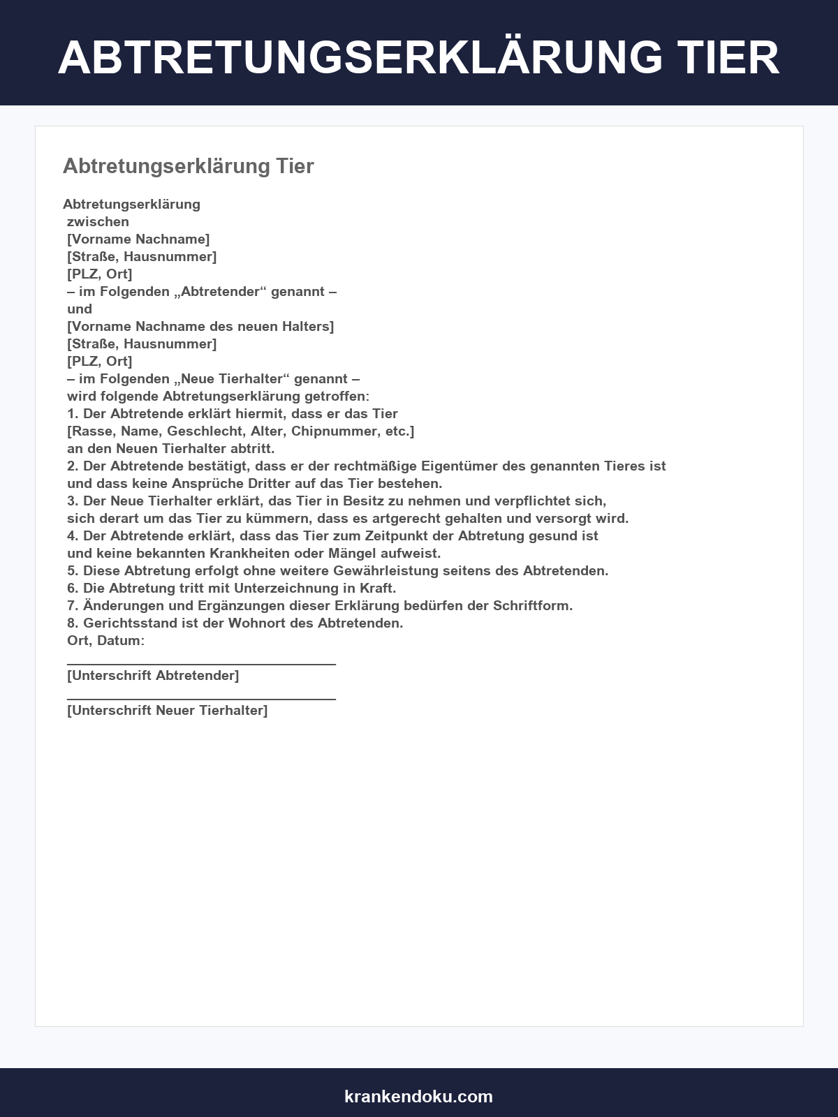 Abtretungserklärung Tier Vorlage