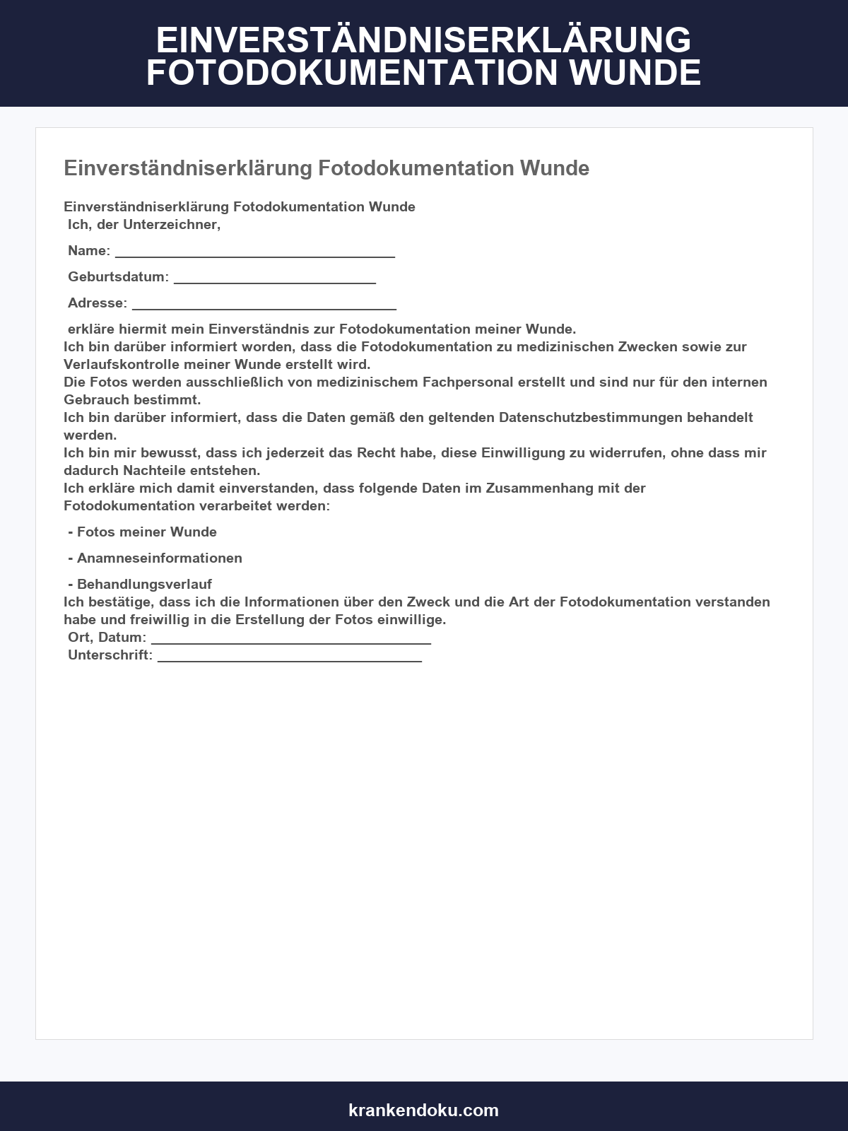 Einverständniserklärung Fotodokumentation Wunde Vorlage
