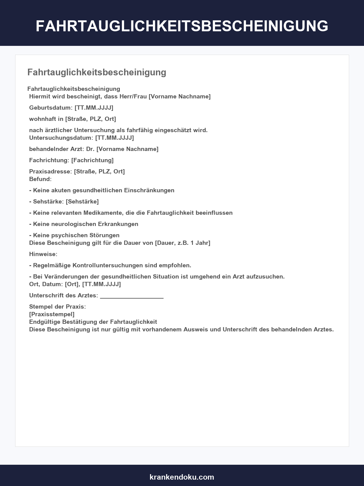 Fahrtauglichkeitsbescheinigung Muster