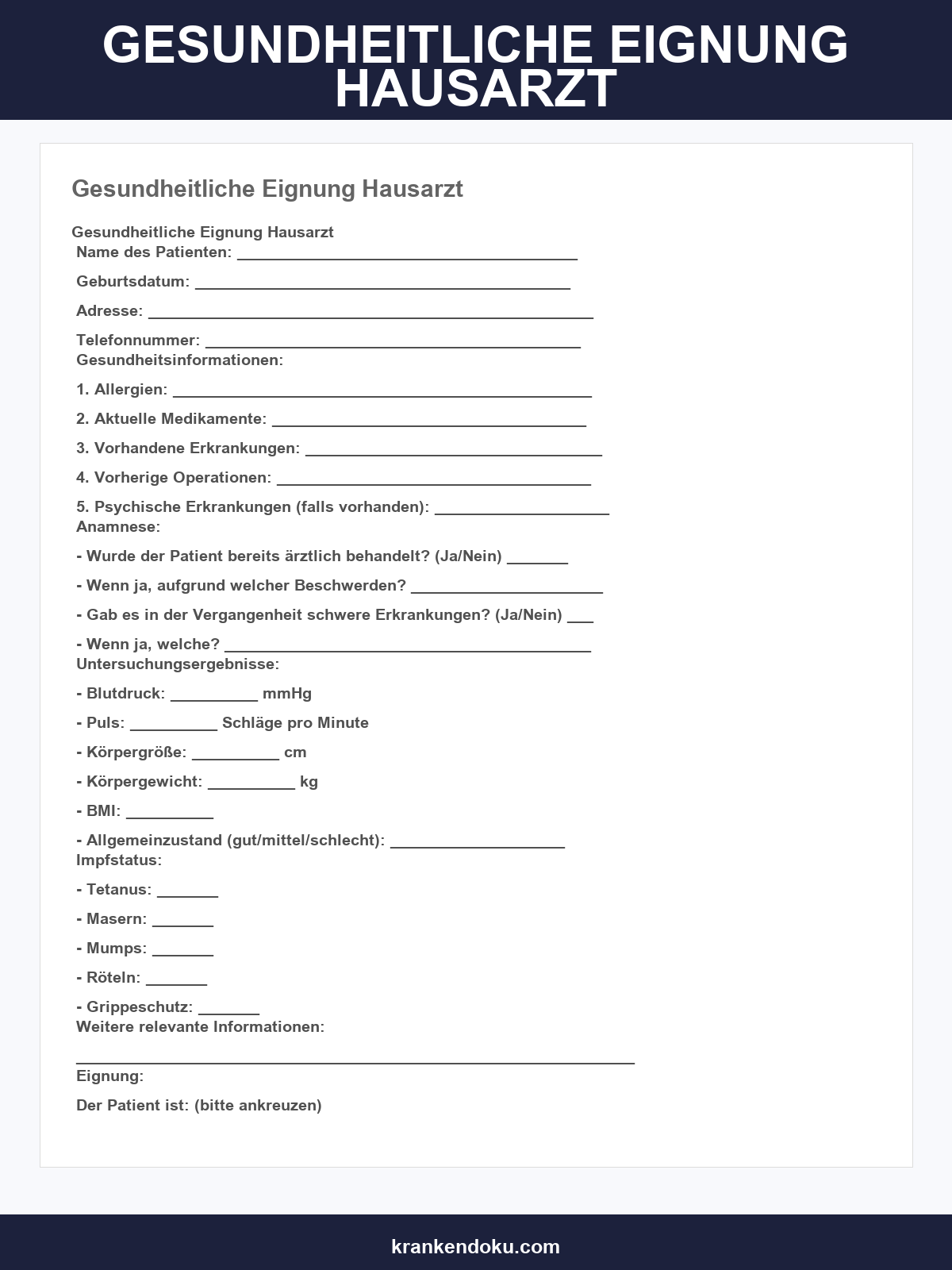 Gesundheitliche Eignung Hausarzt Formular
